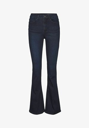 Dunkelblaue Schlagjeans aus Denim, mit hoher Taille, fünf Taschen und einer glatten Stoffoberfläche mit dezenten Nähdetails.