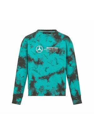 Turkusowy sweter z efektem tie-dye z czarnymi akcentami, z białym logo Mercedesa i napisem, okrągły dekolt oraz ściągacze przy mankietach i u dołu.