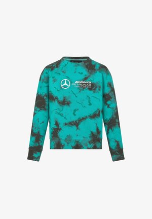 Turkusowy sweter z efektem tie-dye z czarnymi akcentami, z białym logo Mercedesa i napisem, okrągły dekolt oraz ściągacze przy mankietach i u dołu.