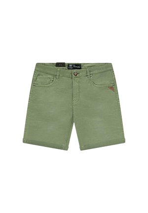 Groene denim shorts met een opgerolde zoom, vijf zakken en een klein bruin logo-label op de voorkant. Glad textuur, casual ontwerp.