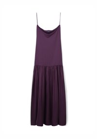Purple sleeveless dress with a draped neckline, a fitted upper section, and a gathered, flowing lower part. Smooth fabric texture.
