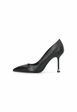 Décolleté nera in pelle con tacco alto, punta affusolata, design elegante e scarpetta a stiletto sottile con un accento d'argento alla base.
