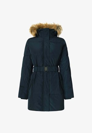 Marineblauwe gewatteerde winterjas met een nepbontcapuchon, ceintuur in de taille en twee zijzakken. Heeft een gestikt ontwerp en een hoge kraag.