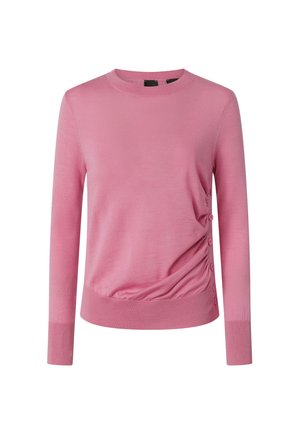 Maglione rosa con maniche lunghe, scollo rotondo e dettagli arricciati sui lati. Include bottoni decorativi lungo la cucitura laterale. Materiale in maglia morbida.