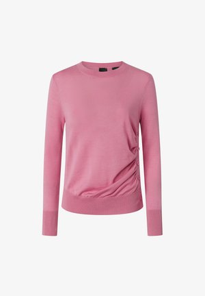 Maglione rosa con maniche lunghe, scollo rotondo e dettagli arricciati sui lati. Include bottoni decorativi lungo la cucitura laterale. Materiale in maglia morbida.