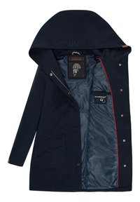 Manteau à capuche bleu marine avec fermeture éclair et boutons-pression, poche à rabat sur le côté gauche, doublure intérieure lisse avec bordure rouge, et étiquettes de la marque Marikoo à l'intérieur.