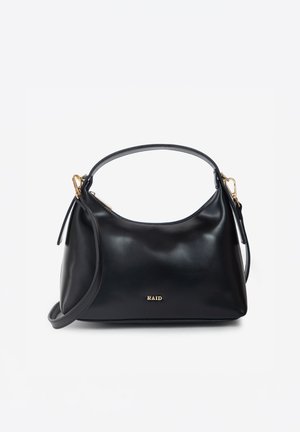 Black leather shoulder bag with short handle and detachable long strap, gold hardware, and small "RAID" logo on front center.
