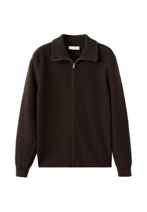 Brązowy sweter na zamek z teksturowanym wzorem, z kołnierzem i długimi rękawami. Wykonany z dzianiny, o regularnym kroju.