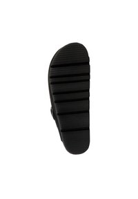 Sort skosål med en tekstureret overflade, der har vandrette riller og en afrundet form. Inkluderer en lille cirkulær hardwaredetalje på siden.