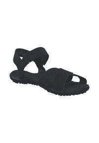 Black sandals with a textured sole, featuring cross straps and an adjustable back strap for secure fit, constructed from soft, durable material.