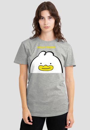 Gray cotton t-shirt featuring a white cartoon duck face with a yellow beak and the text "HELLO FRIEND" in yellow above. Short sleeves.