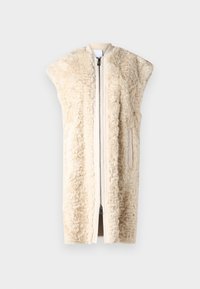 Gilet in pelliccia sintetica color crema con zip frontale, spalle oversize e tasche laterali. Tessuto morbido, design elegante e silhouette aperta.