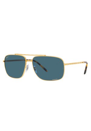 Occhiali da sole in metallo dorato con grandi lenti azzurro scuro, forma rettangolare e templi testurizzati. Dotati di morbidi naselli e dettagli tartaruga.