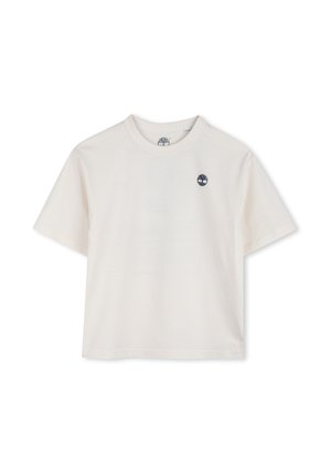 T-shirt blanc cassé à manches courtes et col rond avec un petit logo d'arbre foncé sur le côté gauche de la poitrine, posé à plat sur un fond blanc.