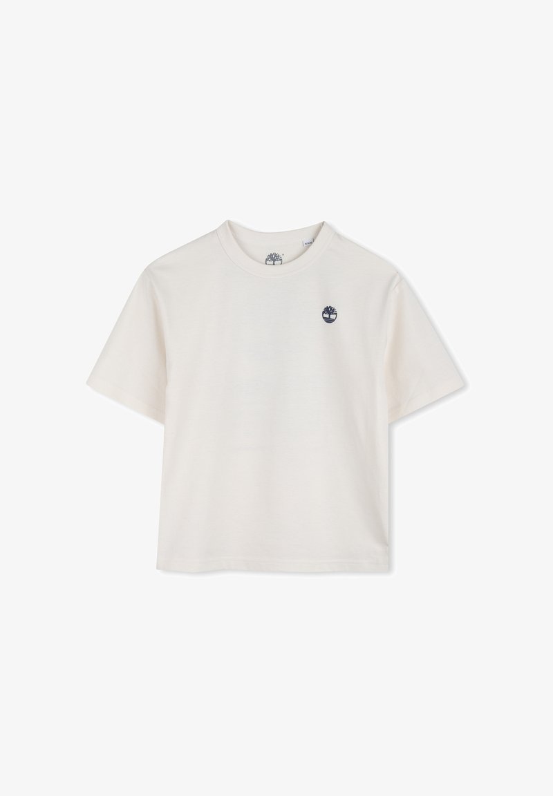 T-shirt blanc cassé à manches courtes et col rond avec un petit logo d'arbre foncé sur le côté gauche de la poitrine, posé à plat sur un fond blanc.