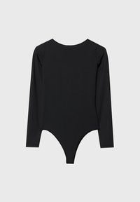 Schwarzer Langarmbodysuit mit rundem Ausschnitt und hochgeschnittenem Bein. Glattes Material ohne sichtbare Muster oder Hardwaredetails.