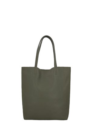 Große olivgrüne Leder-Tote-Tasche mit zwei langen Griffen und einem einfachen, schlichten Design auf weißem Hintergrund.