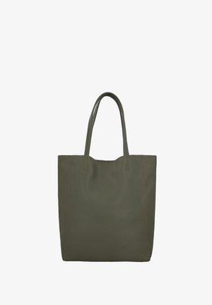 Große olivgrüne Leder-Tote-Tasche mit zwei langen Griffen und einem einfachen, schlichten Design auf weißem Hintergrund.