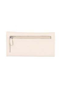 Cream leather wallet featuring a diamond pattern, a front zip pocket, and silver-colored hardware, with a smooth, textured finish.