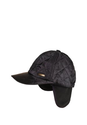 Black quilted fabric cap with short brim and ear flaps, featuring a small metal logo plate on the side.