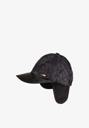 Black quilted fabric cap with short brim and ear flaps, featuring a small metal logo plate on the side.