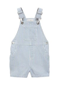 Prugaste modre denim naramnice z nastavljivimi naramnicami, s sprednjim žepom in dvema stranskima žepoma, primerne za vsakodnevno nošenje.