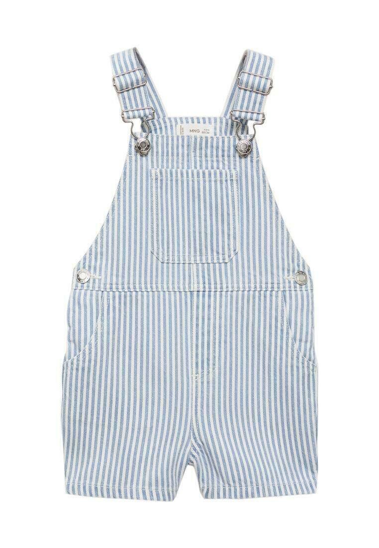 Prugaste modre denim naramnice z nastavljivimi naramnicami, s sprednjim žepom in dvema stranskima žepoma, primerne za vsakodnevno nošenje.