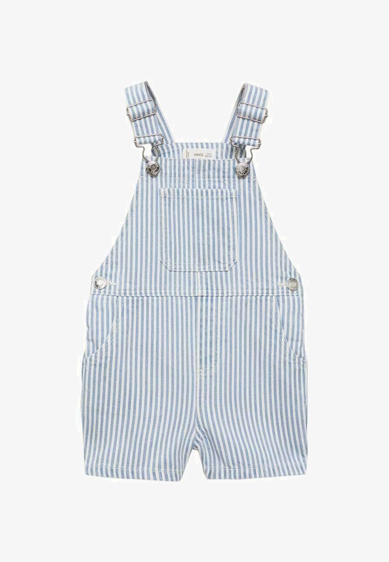 Prugaste modre denim naramnice z nastavljivimi naramnicami, s sprednjim žepom in dvema stranskima žepoma, primerne za vsakodnevno nošenje.