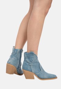Botas de tobillo de denim azul con punta afilada y un tacón apilado de altura media. Presentan bordes deshilachados y un cierre de cremallera en la parte trasera.
