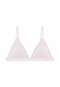 Bralette triangolare rosa chiaro con bordi in pizzo e spalline regolabili. Tessuto liscio con una consistenza morbida e una fascia ampia sotto il seno.
