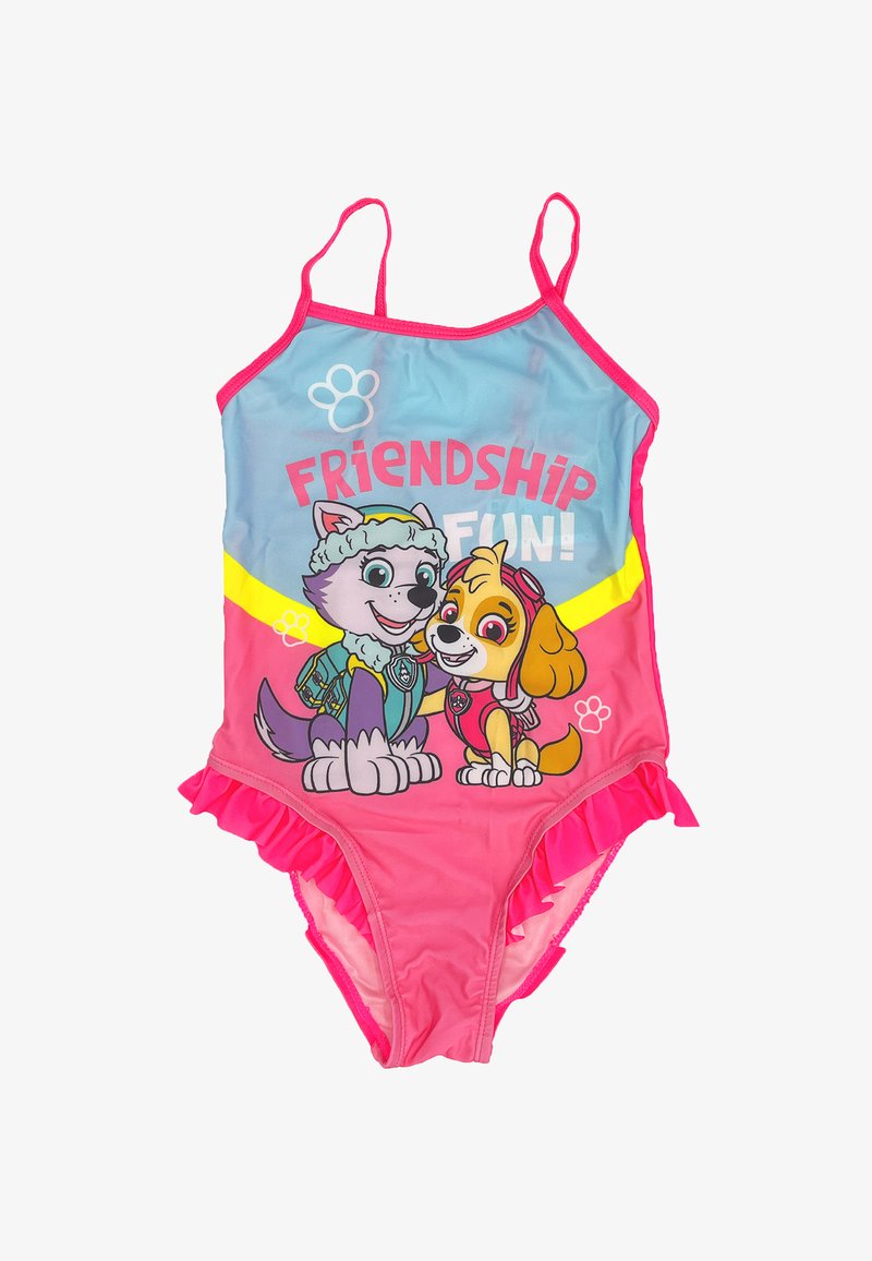 Einteiliger Badeanzug in Pink und Blau mit Rüschensaum. Enthält Cartoonfiguren und den Text "FREUNDSCHAFTSSPAß!" in fetter Schrift.