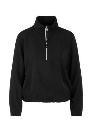 Schwarzer Pullover mit hohem Kragen, halb-zipper vorne, Raglanärmeln, elastischen Bündchen und verstellbarem Saum. Mit "SPORTS" Schriftzug am Reißverschluss.