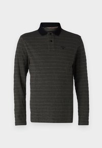 Langärmeliges Polohemd in Dunkelgrau mit horizontalen Streifen, schwarzem Kragen und einer Dreiknopf-Leiste, mit kleinem Logo auf der Brust.