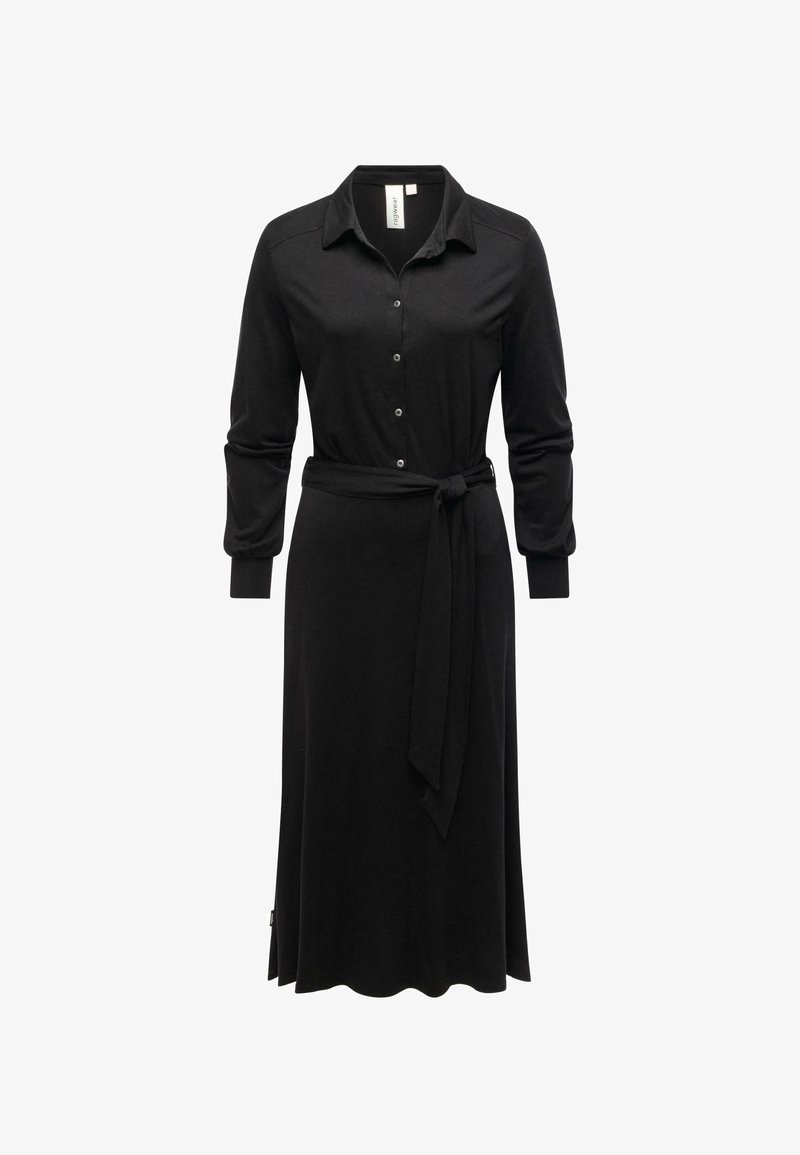 Czarna sukienka z miękkiego materiału, z guzikowym zapięciem z przodu, kołnierzykiem, długimi rękawami i paskiem w talii. Ząbkowane wykończenie u dołu.