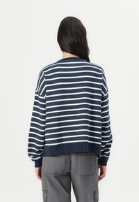 Marineblå og hvit stripete sweatshirt med lange ermer, ribbede mansjetter og nederkant, avslappet passform, laget av mykt materiale, vist fra baksiden.