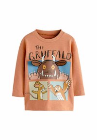 Orange långärmad skjorta med tecknade figurer: ett Gruffalo-ansikte med horn och stiliserade illustrationer av en mus och en uggla. Mjukt material.