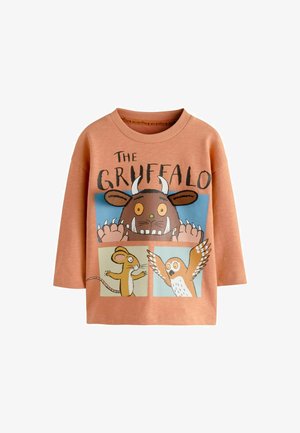 Oranje langwerpige shirt met lange mouwen, versierd met cartoonfiguren: een Gruffalo-gezicht met hoorns, en gestileerde muis- en uilillustraties. Zacht materiaal.