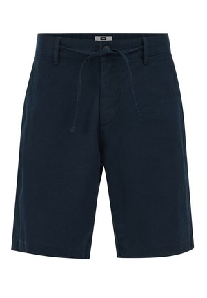 Pantaloni scurți bărbătești bleumarin până la genunchi, cu bucle pentru curea, închidere cu nasture și șnur din material în talie.