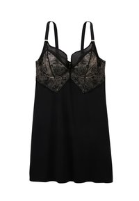 Nuisette noire avec corsage en dentelle arborant des motifs floraux. Bretelles ajustables et texture lisse, offrant une silhouette ajustée.