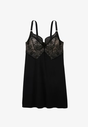 Nuisette noire avec corsage en dentelle arborant des motifs floraux. Bretelles ajustables et texture lisse, offrant une silhouette ajustée.