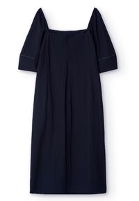 Robe bleu marine avec un décolleté carré, des manches courtes bouffantes et une silhouette droite. Confectionnée en tissu texturé avec une fermeture éclair discrète au dos.