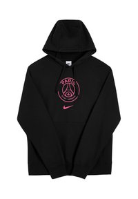 Schwarzer Kapuzenpullover aus Baumwolle mit einem pinken Grafiklogo, das in der Mitte "PARIS" und "SAINT-GERMAIN" enthält.