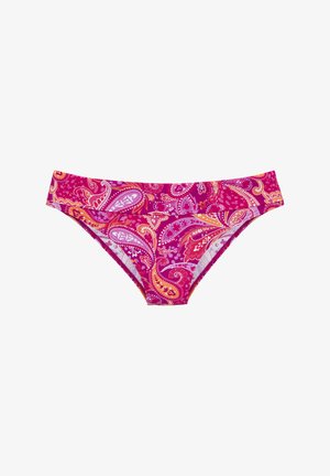 Pink swim bikini bottom featuring a paisley pattern in purple and orange tones. Made from soft, stretchy fabric with a smooth finish.