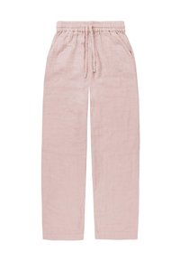 Helle rosa Leinenhose mit elastischem Bund, Kordelzug, seitlichen Taschen und geradem Schnitt.