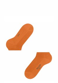 Orange Baumwollsocken mit glatter Textur, verstärktem Zehen- und Fersenbereich und aufgedrucktem "FALKE FAMILY"-Branding an der Seite.