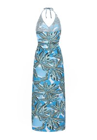 Maxime dress in light blue with a botanical leaf print. It features a halter neck, V-neckline, and gathered waist detailing. Smooth fabric texture.
