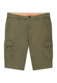 Olivengrøn cargo shorts lavet af letvægtsstof, med to sidelommer og to baglommer. Linningen har en knaplukning.