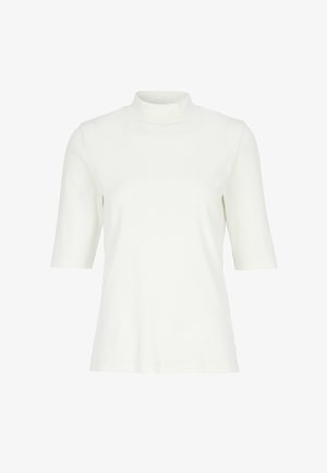 Witte top met korte mouwen van zacht geribd stof, met een hoge col en een aansluitend silhouet met een gladde textuur.