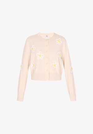 Cardigan beige chiaro con scollatura arrotondata, chiusura a bottoni e maniche lunghe. Presenta ricami di margherite bianche e gialle sul davanti e sulle maniche.