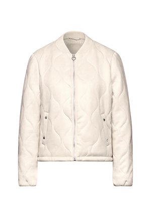 Giacca bomber trapuntata color crema con colletto a coste, chiusura frontale con zip e tasche laterali con bottoni a pressione. Tessuto liscio e con motivo a onde.